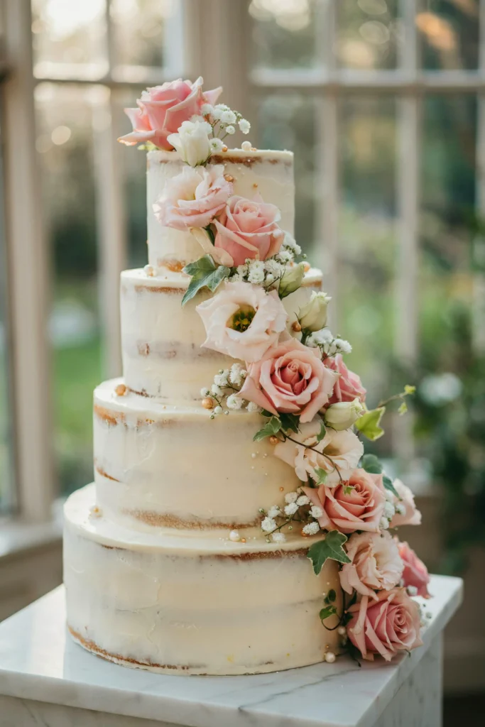 A five-tier white cake, semi-naked buttercream between tiers, hand-crafted sugar flowers (roses, lisianthus, baby's breath) in soft pinks and whites cascading down the side, delicate sugar ivy leaves intertwined, pearl accents.