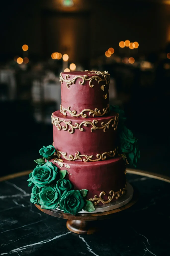 A three-tier cake in deep burgundy fondant, hand-piped gold detailing and scrollwork, gold leaf accents on top tier, emerald green sugar roses clustered at the base. Luxe, jewel-toned, dramatic.
