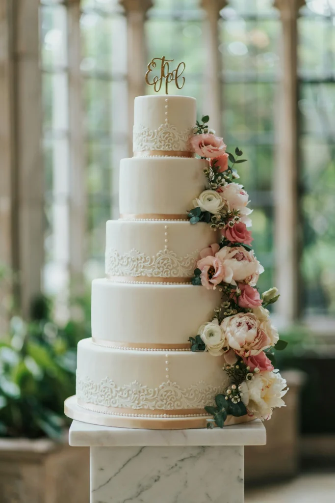 A four-tier white fondant cake with delicate piped lace detailing, fresh blush peonies cascading down one side, pearl beading between tiers, gold ribbon trim. Romantic, garden-inspired, sophisticated