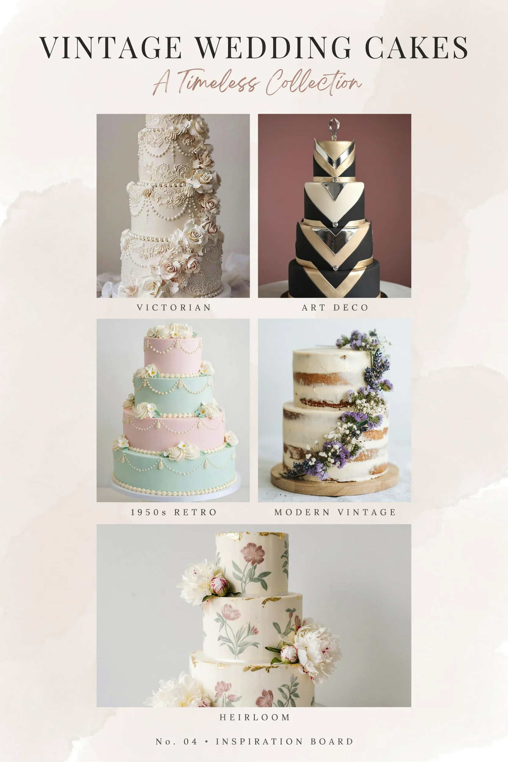 A collage or gallery grid showcasing 4–5 diverse vintage wedding cakes representing different eras (Victorian elegance, Art Deco glamour, 1950s retro, modern vintage). Mood: romantic, sophisticated, inspirational.