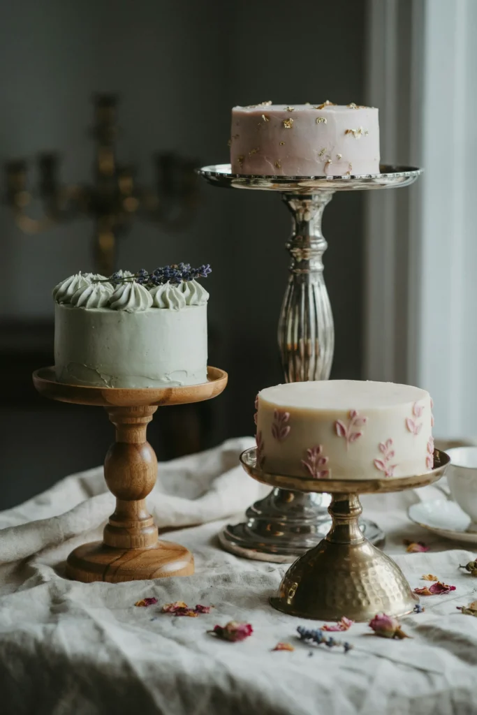  Three tiers of varying sizes positioned on three different vintage-style cake stands at different heights (creating an asymmetrical visual), each stand in different finishes (wood, metal, ornate), soft vintage colors, dramatic and gallery-like.