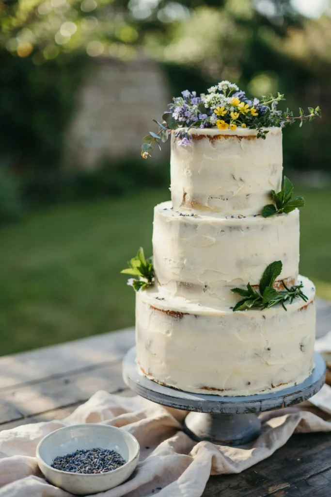 A three-tier cake with cream cheese frosting, rough, organic frosting finish, fresh garden herbs (mint, rosemary) tucked between layers visible in the semi-naked sections, fresh wildflowers, lavender, and herbs arranged on top, earthy and edible.