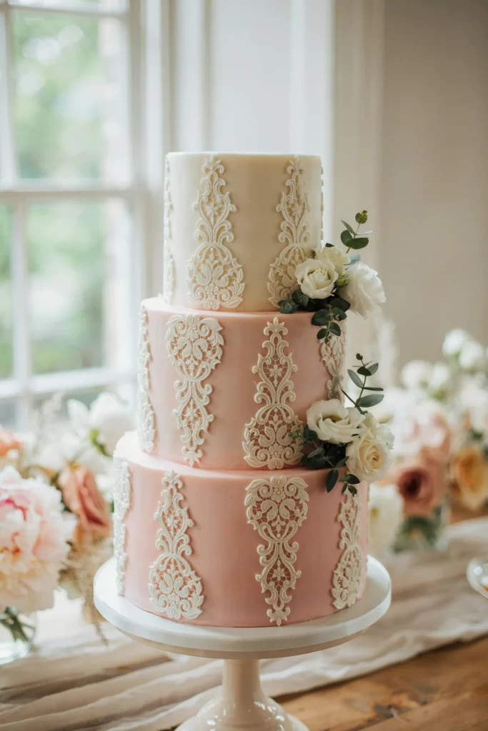 A three-tier ombre cake, deep blush at the base fading to pale pink and then white at the top, white lace appliqué applied vertically on each tier, delicate and romantic, photography-perfect from every angle.