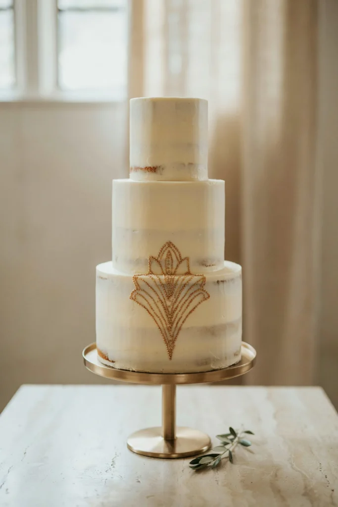 A three-tier naked cake (white cake layers visible), minimal frosting, a single geometric beaded design applied in gold or silver beads on the front of the middle tier, structured and minimal, modern art deco.
