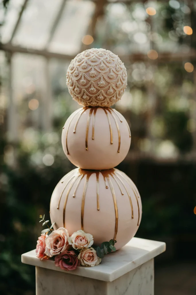 Three stacked spherical tiers creating an unconventional shape, pale pink fondant, delicate white piped lacework on the top sphere, thin gold paint dripping down the sides, fresh roses nestled at base, whimsical but romantic.