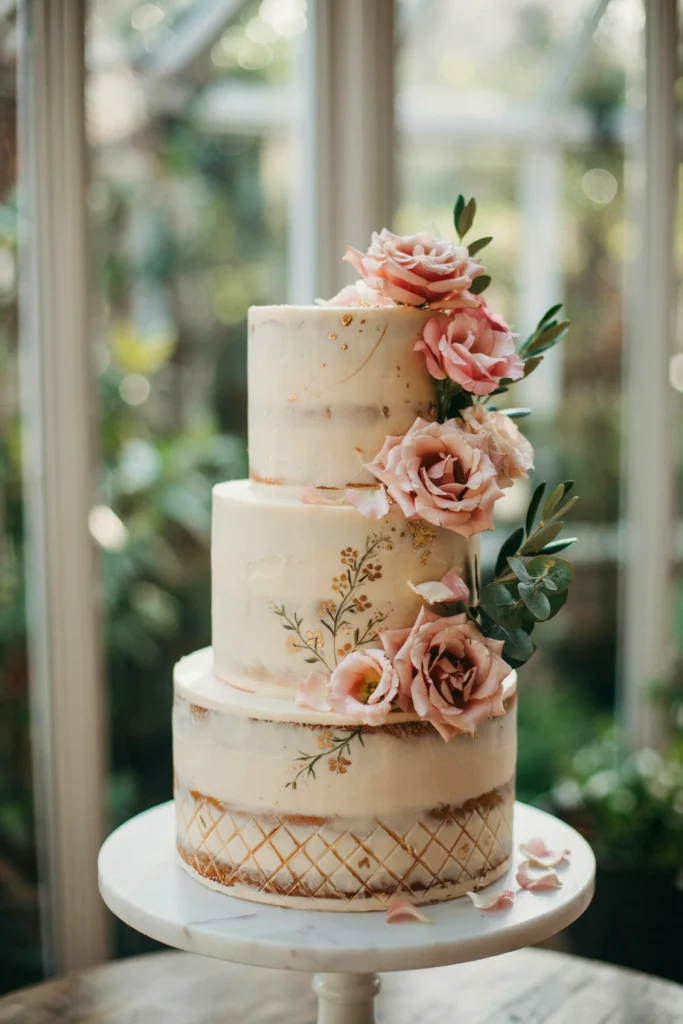 A three-tier semi-naked cake (frosting visible but with some bare spots), soft blush buttercream, delicate hand-painted gold geometric or floral details on the visible cake layers, fresh blush roses on top, artistic and unique.