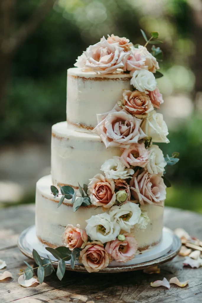A three-tier white naked cake, minimal frosting visible between layers, lush garden roses and eucalyptus cascading down the side, pale blush and sage green, served on weathered wood cake stand, garden-romantic.