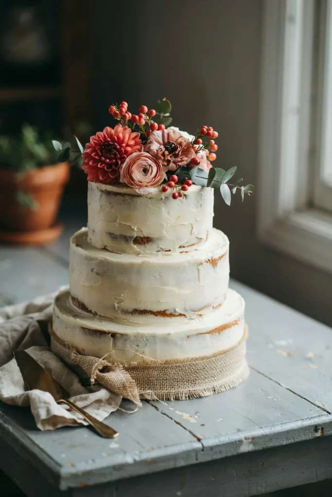 A three-tier carrot cake with visible crumb texture, thick cream cheese frosting, fresh wildflowers (dahlias, ranunculus, hypericum) arranged on top, burlap ribbon at the base, rustic and slightly imperfect.