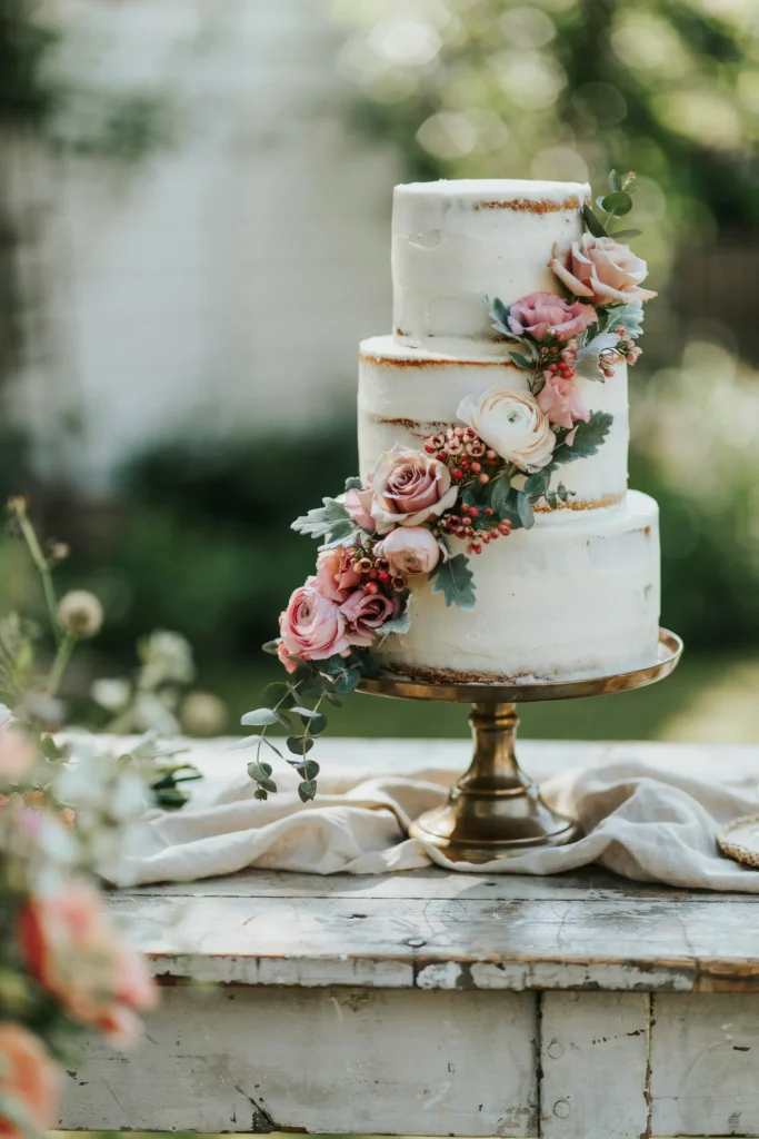 A three-tier naked cake (white cake layers visible between minimal frosting), fresh garden flowers (roses, eucalyptus, ranunculus, hypericum berries) cascading down the side in organic arrangement, pale pink and green tones, rustic-romantic.