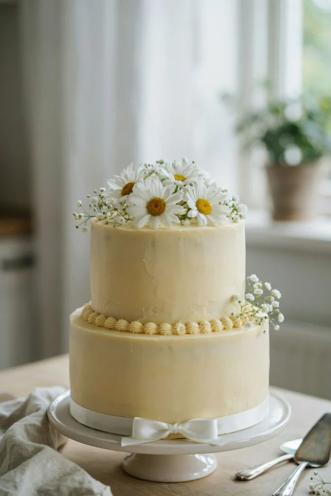 A two-tier round cake in soft pale yellow buttercream, piped white border work, fresh white daisies and baby's breath arranged on top, simple white ribbon at the base, cheerful and garden-fresh.