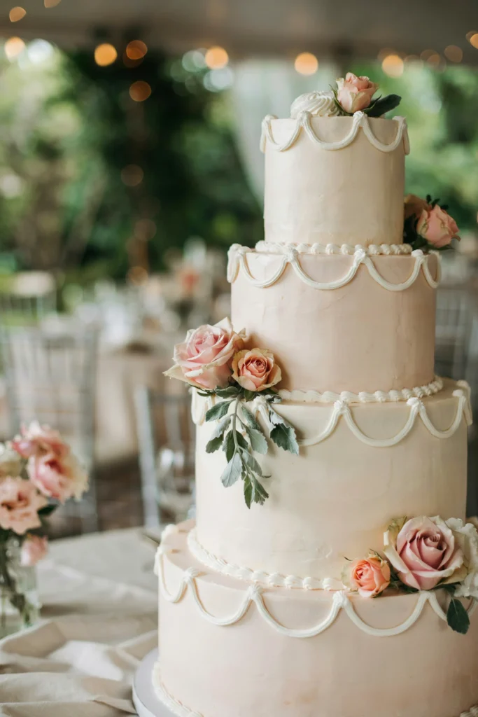 A three-tier cake in soft blush buttercream, simple white piped borders and swags on each tier, fresh blush roses tucked into swags, pale green leaves, romantic and understated.