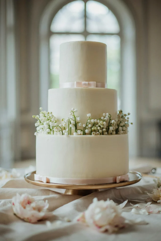 A simple three-tier white cake, smooth buttercream finish, fresh white lily of the valley flowers arranged in a line around the middle tier, delicate ribbon trim in pale pink, minimalist and sweet