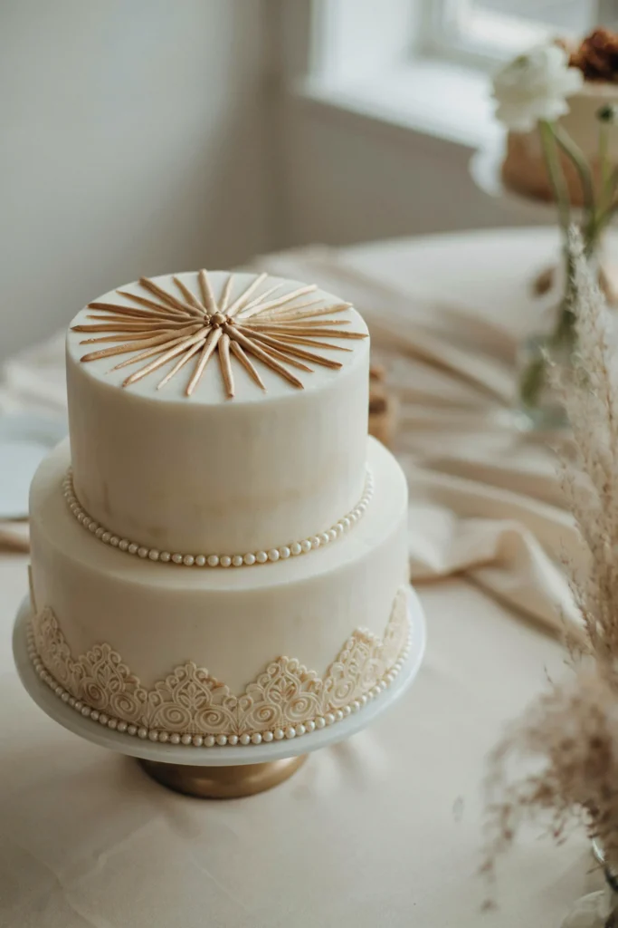  A two-tier round cake, ivory or pale gold fondant, a large sunburst design in metallic gold piping on the top tier, beaded borders in champagne, delicate lace piping on the base tier, minimalist but impactful.