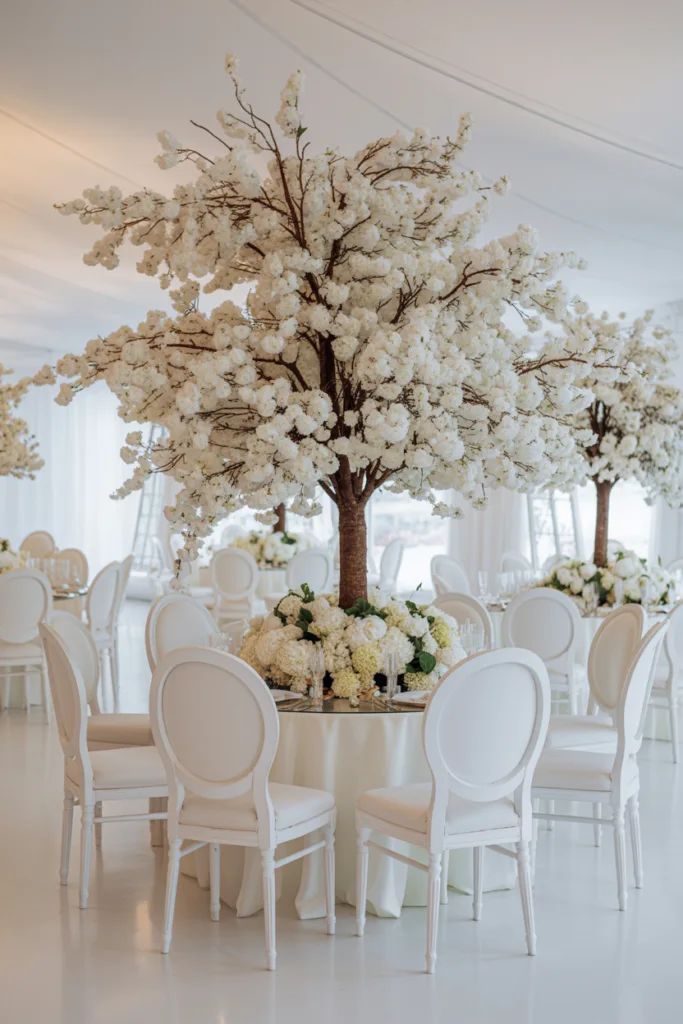 image of beautiful reception set up with a large white tree as a centerpiece