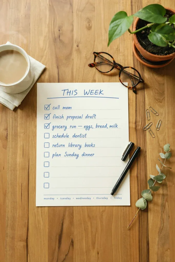 Flat lay of a printed checklist with a pen and cup of tea — cozy, relatable, planning-focused.