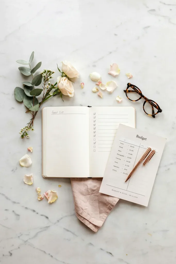 Bright, elegant flat lay of a wedding planning notebook, budget worksheet, pen, and small floral arrangement on a white marble surface. Mood: organized but warm, aspirational yet practical
