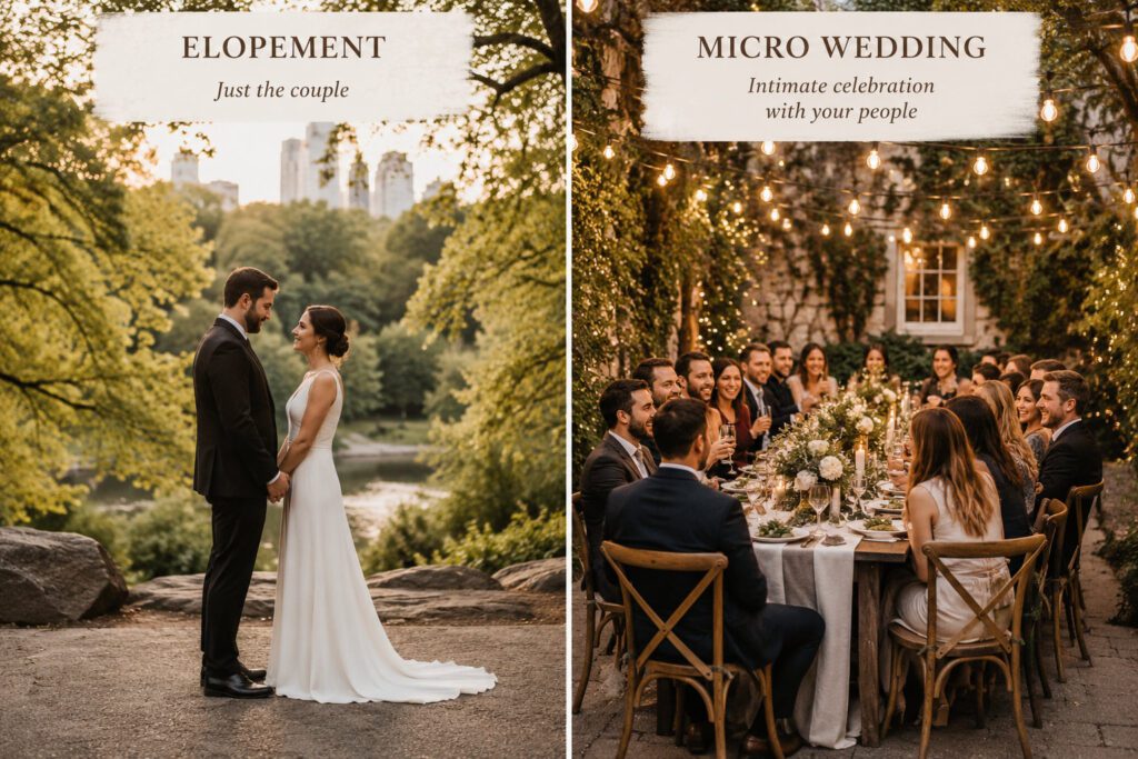 Side-by-side comparison visual: elopement in a park with just two people, vs. a small intimate wedding reception with a table of 20 guests laughing together