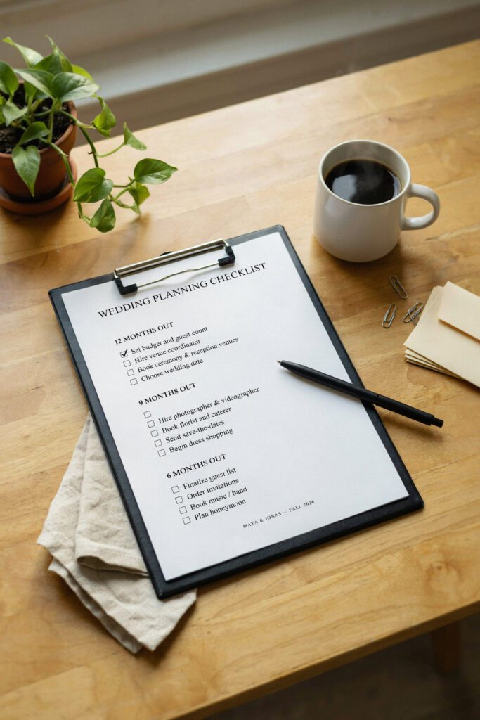  A printed wedding planning checklist on a clipboard next to a cup of coffee and a pen — simple, practical, and organized.