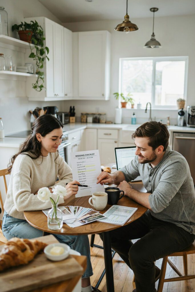  A couple reviewing a wedding planning checklist together at a kitchen table, looking relaxed and organized — not stressed.