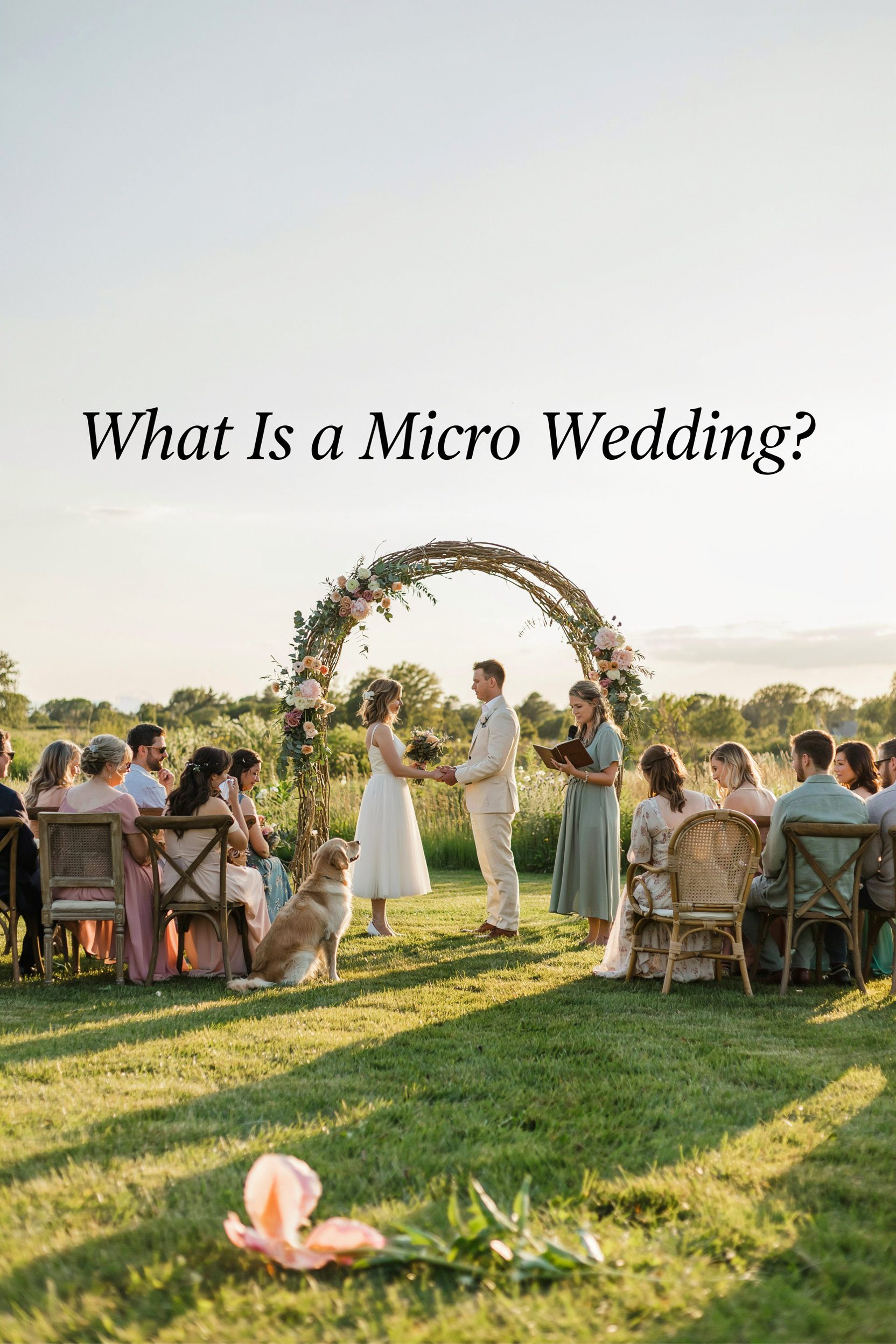 A small, intimate wedding ceremony in a beautiful outdoor setting — a couple exchanging vows under a floral arch with a handful of guests seated in mismatched chairs on a sunlit lawn. Warm, golden-hour light. Text overlay: "What Is a Micro Wedding?