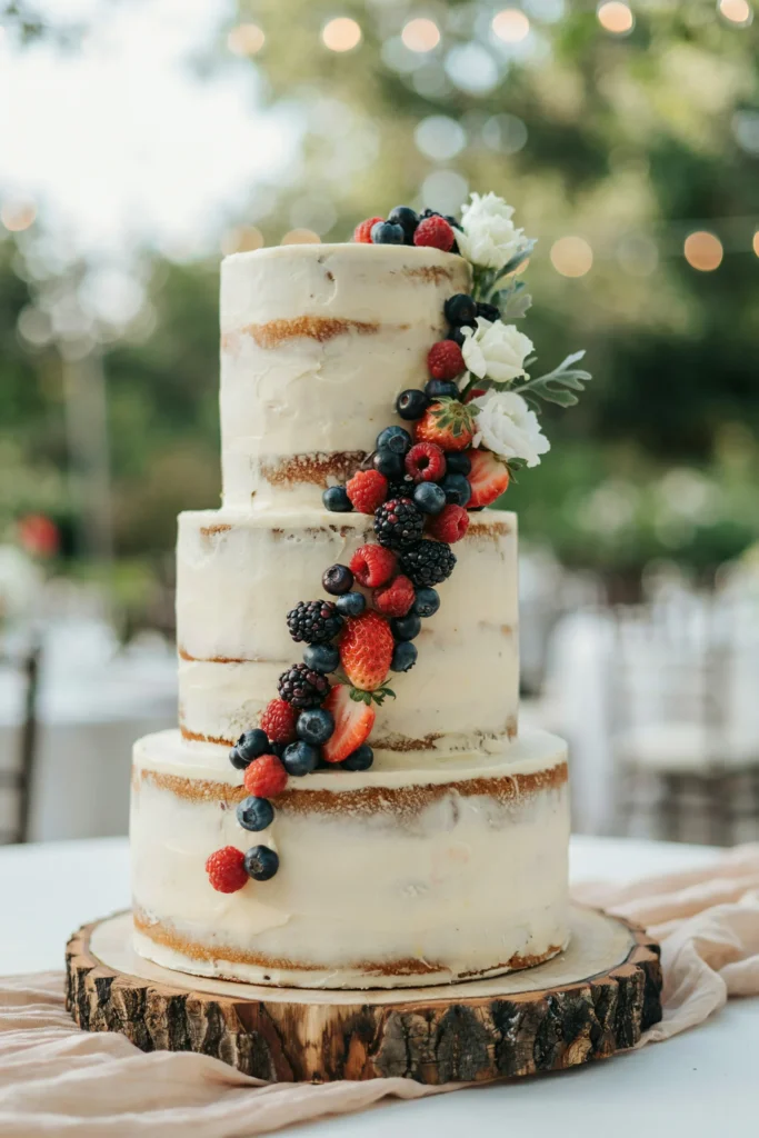 A semi-naked wedding cake with visible cake layers between thin frosting, topped with fresh berries, sitting on a slice-of-tree-trunk cake stand