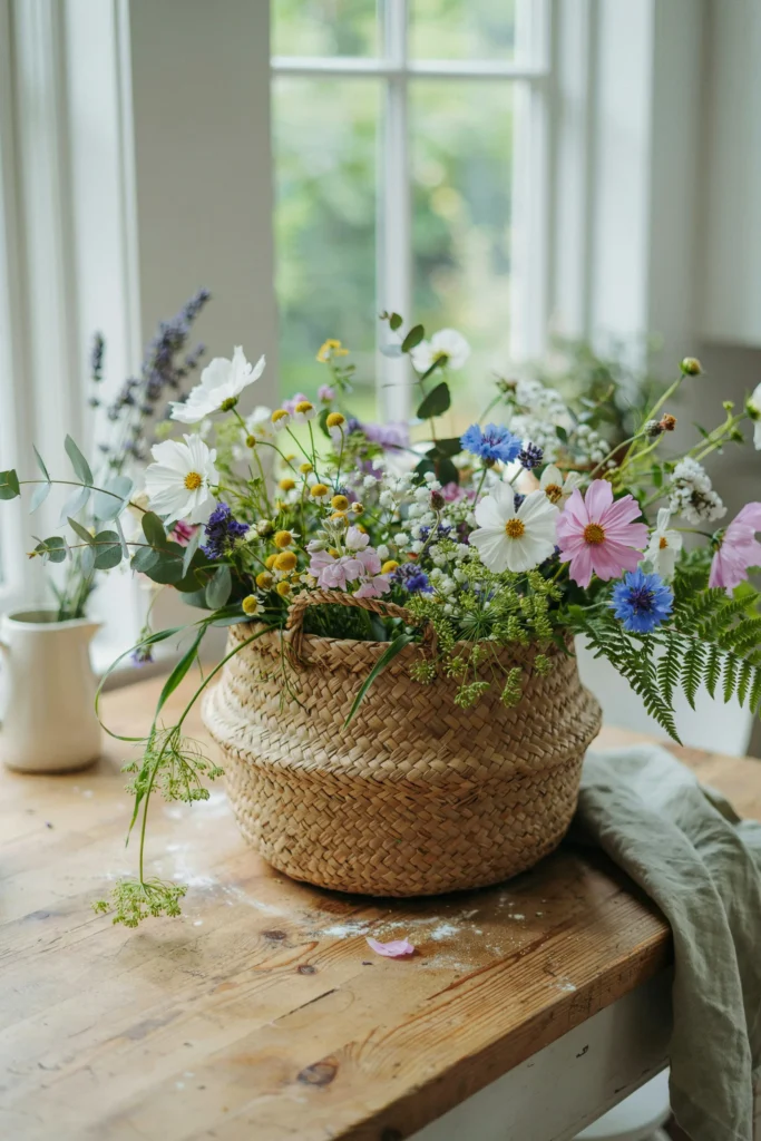 A large shallow woven basket overflowing with mixed wildflowers and greenery, sitting at the center of a wooden table