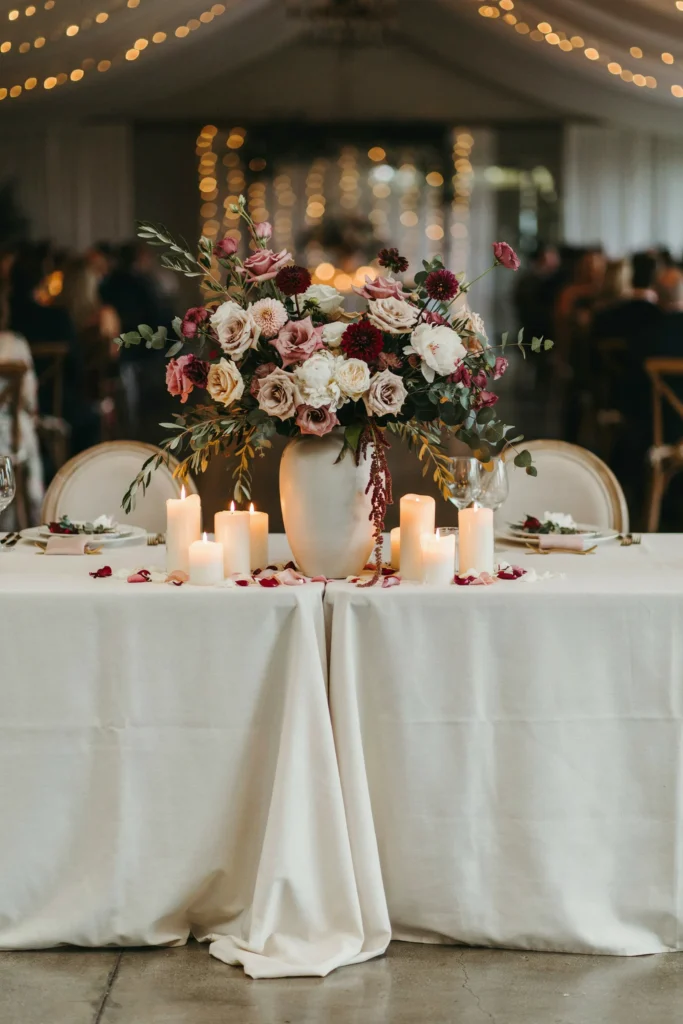 One dramatic, oversized floral arrangement in a tall ceramic vase, positioned at the center of a sweetheart or head table