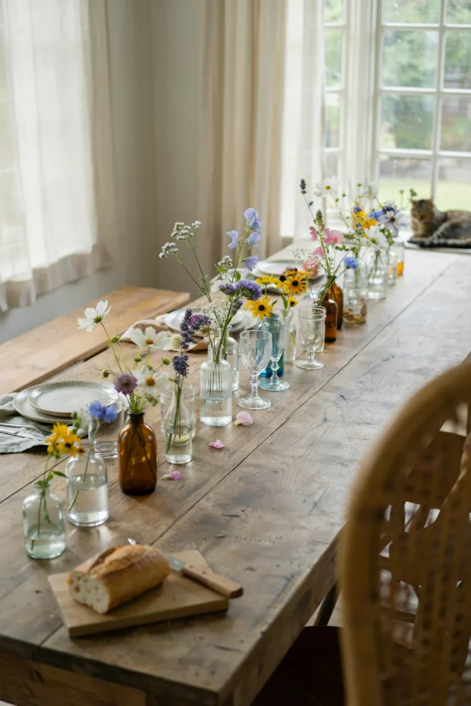 A long farm table set with a runner of small mismatched glass bud vases, each holding one or two stems of wildflowers