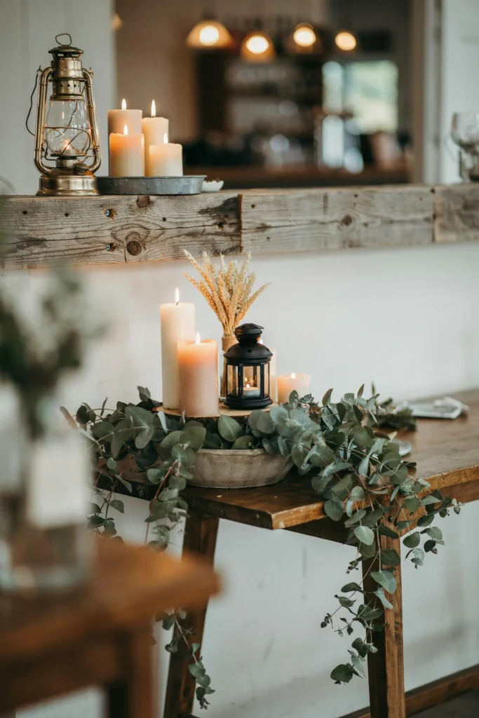 A rustic wooden shelf or mantel near the barn bar area, layered with candles, lanterns, and a trailing greenery vine