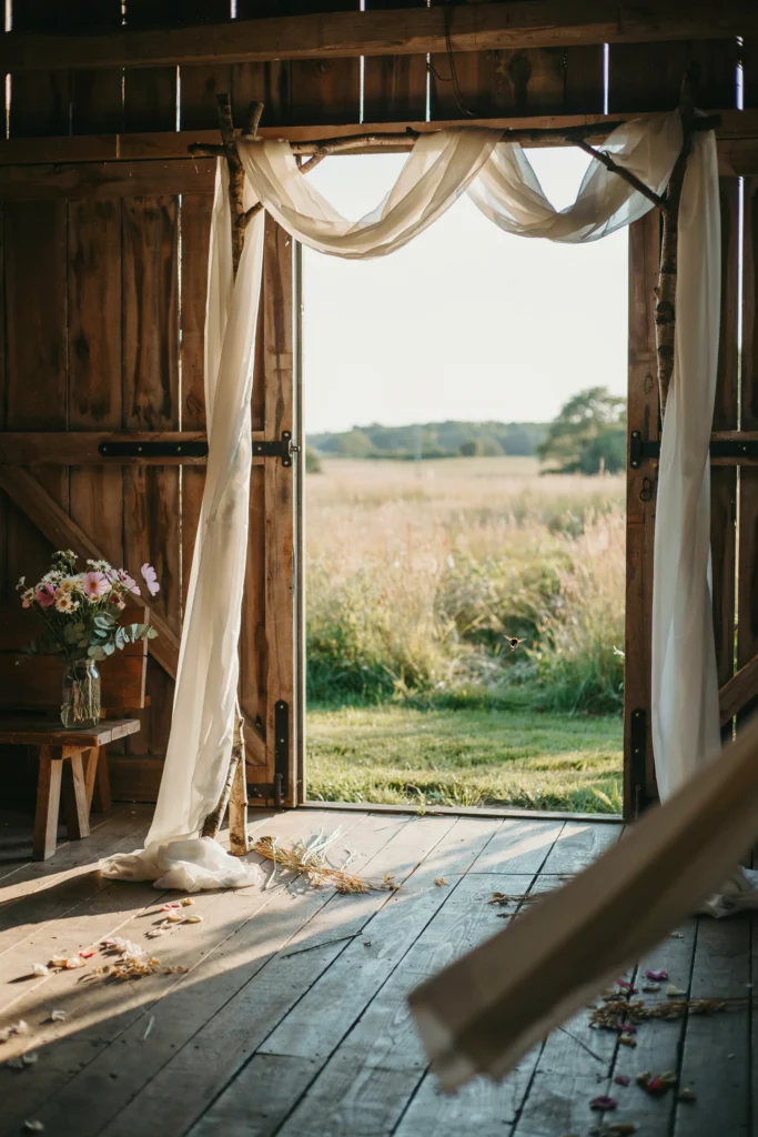 A wooden arch wrapped in flowing sheer fabric, positioned just inside open barn doors with a sunlit field visible behind it