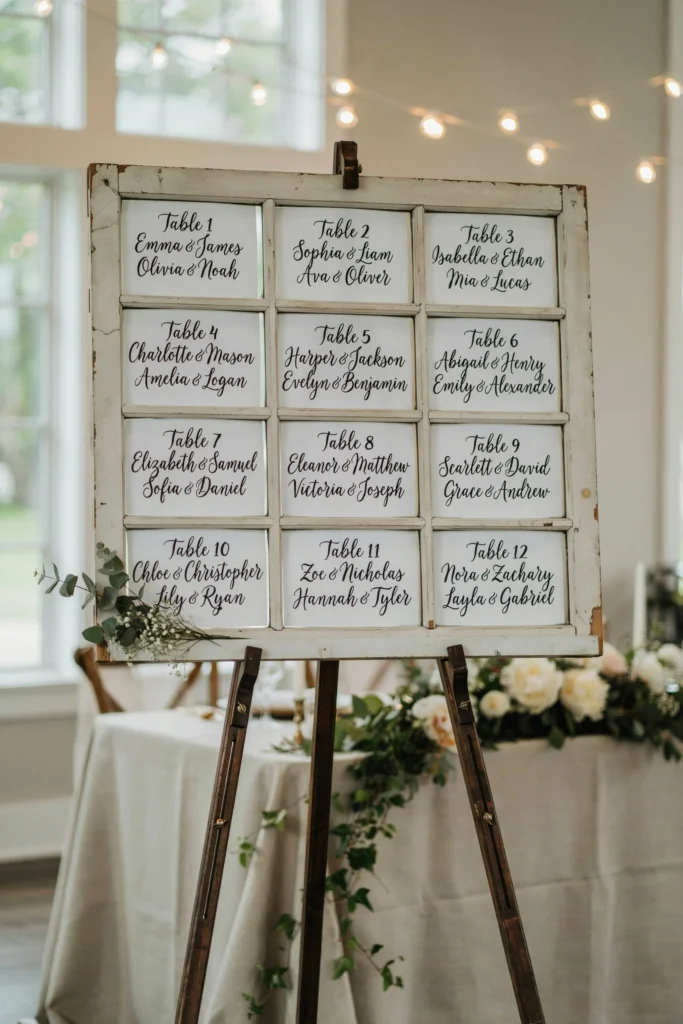 A reclaimed window frame with multiple panes, each pane hand-lettered with a table number and guest names, propped on an easel