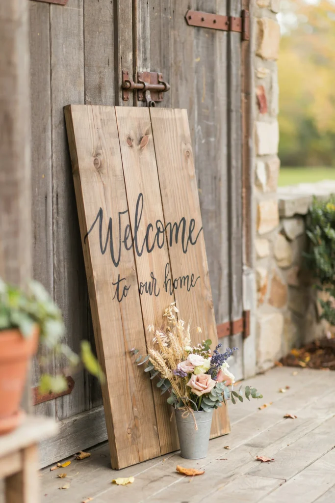 A large wooden welcome sign with hand-lettered calligraphy, leaning against weathered barn doors with a small floral arrangement at its base