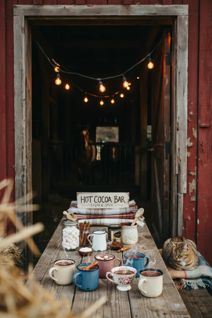 A cozy hot cocoa station with a wooden sign, mismatched mugs, marshmallows, and cinnamon sticks, set up near a barn doorway with string lights overhead