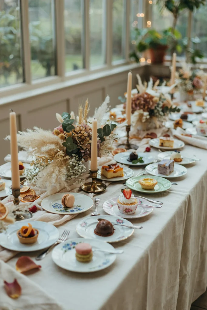 A long dessert table set with an assortment of mismatched vintage china plates, each holding a different mini dessert, with dried florals tucked between