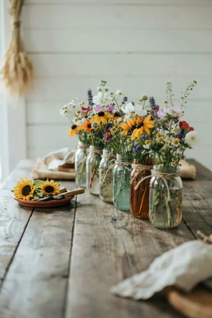 A rustic wood table lined with mismatched mason jars filled with loosely gathered sunflowers and wildflower greenery, with twine-wrapped jar necks.