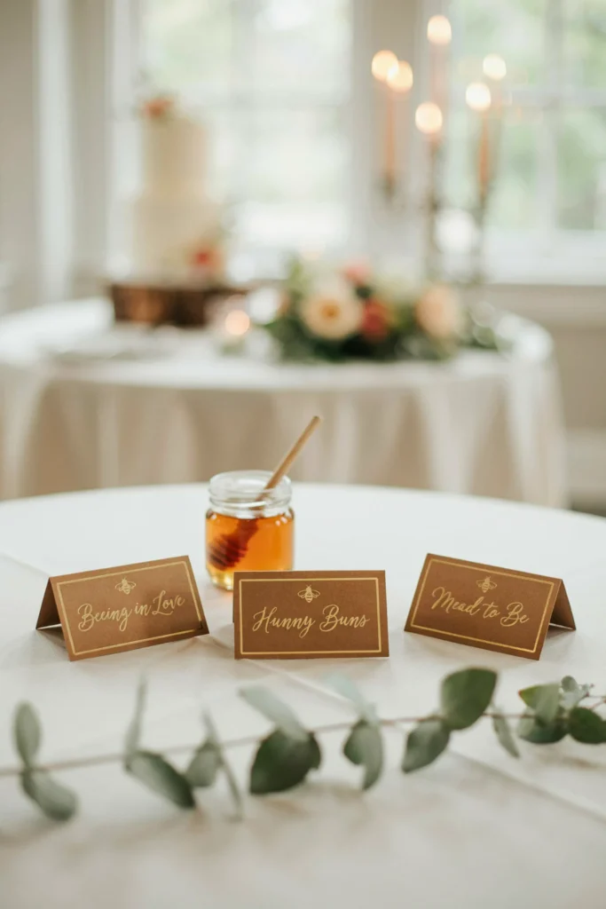 Small gold place cards labeling a buffet table, reading "Beeing in Love," "Hunny Buns," and "Mead to Be" in elegant script.
