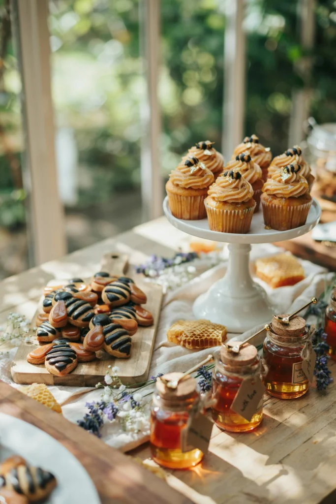 A dessert table with golden honey-drip cupcakes, honey-glazed cookies shaped like bees, and small glass jars of honey with gold dipper sticks as edible favors.