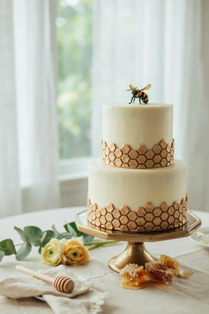A two-tier white buttercream cake with a gold honeycomb-textured fondant band around the base and a small bee topper, set on a hexagon gold cake stand.