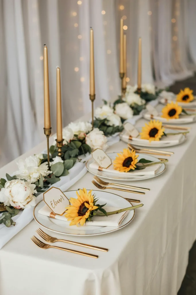 A minimalist gold-and-white table setting with a small hexagon-shaped place card and a single sunflower laid diagonally across each plate.