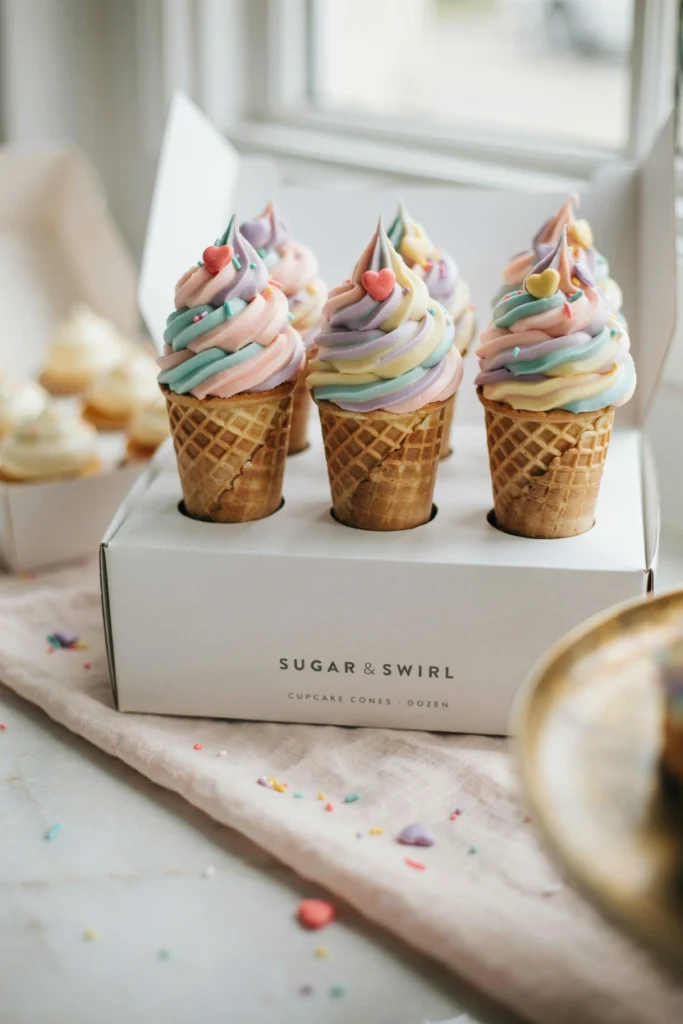 A cupcake baked directly inside a sugar ice cream cone, topped with a generous swirl of pastel rainbow buttercream with a small fondant heart sprinkle on top — displayed upright in a white display box with holes to hold them steady