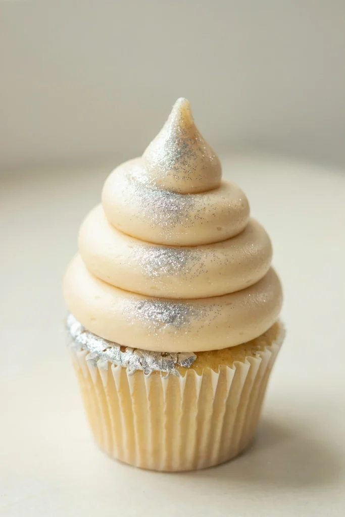 A tall balloon-style frosting swirl in champagne blond — rounder and more domed than a typical rose swirl — with a gradient of fine silver edible glitter that fades from heavy at the base to nothing at the peak