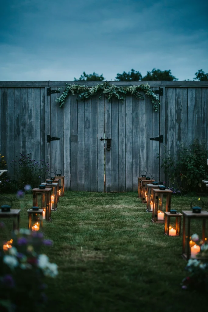 Wooden and glass lanterns lining a grassy aisle leading to barn doors, glowing softly as dusk settles