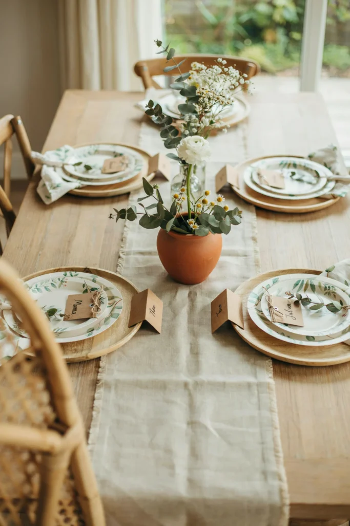 A table set with botanical-print paper plates and napkins, natural linen runner, eucalyptus and white wildflower centerpiece in a terracotta pot, neutral wooden chargers, kraft paper place cards with hand-lettered names