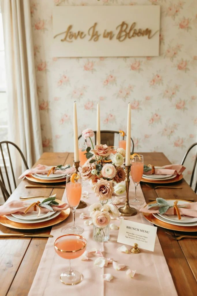A brunch table styled in blush pink and gold — champagne flutes filled with pink mimosas, gold charger plates, blush napkins, low rose and ranunculus centerpieces, a gold "Love Is in Bloom" sign in the background