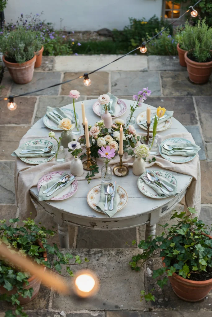 A small round garden table for eight, styled with a low centerpiece of mixed garden roses in cream and blush, mismatched china in soft florals, linen napkins in sage green, and individual bud vases with a single stem at each place setting. The table is set on a patio surrounded by potted plants and string lights.