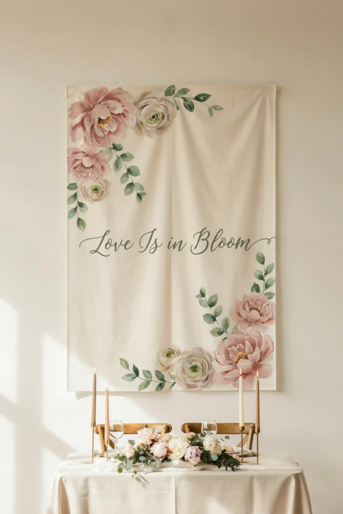 A large fabric banner printed with a soft watercolor floral design — loose peonies, eucalyptus, and ranunculus in blush and sage — hung behind the main table. "Love Is in Bloom" is printed in elegant calligraphy across the center in a soft charcoal ink.