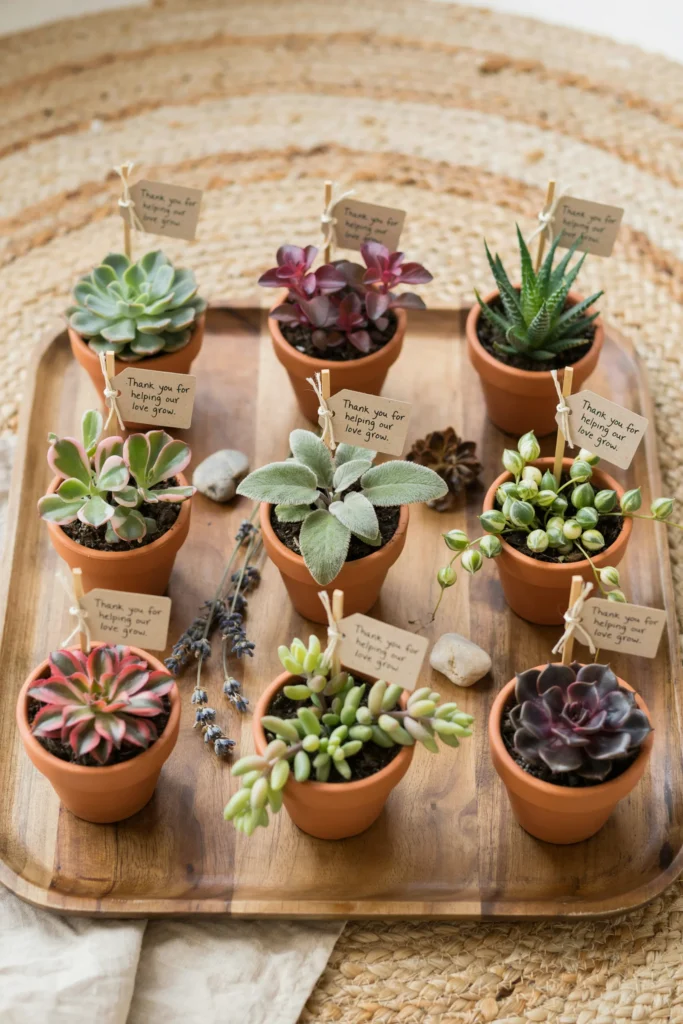 A collection of small terra cotta pots each holding a tiny succulent, arranged on a wooden tray. Each pot has a small wooden stake with a printed message: "Thank you for helping our love grow." Succulents range from green rosettes to purple-tinted varieties.