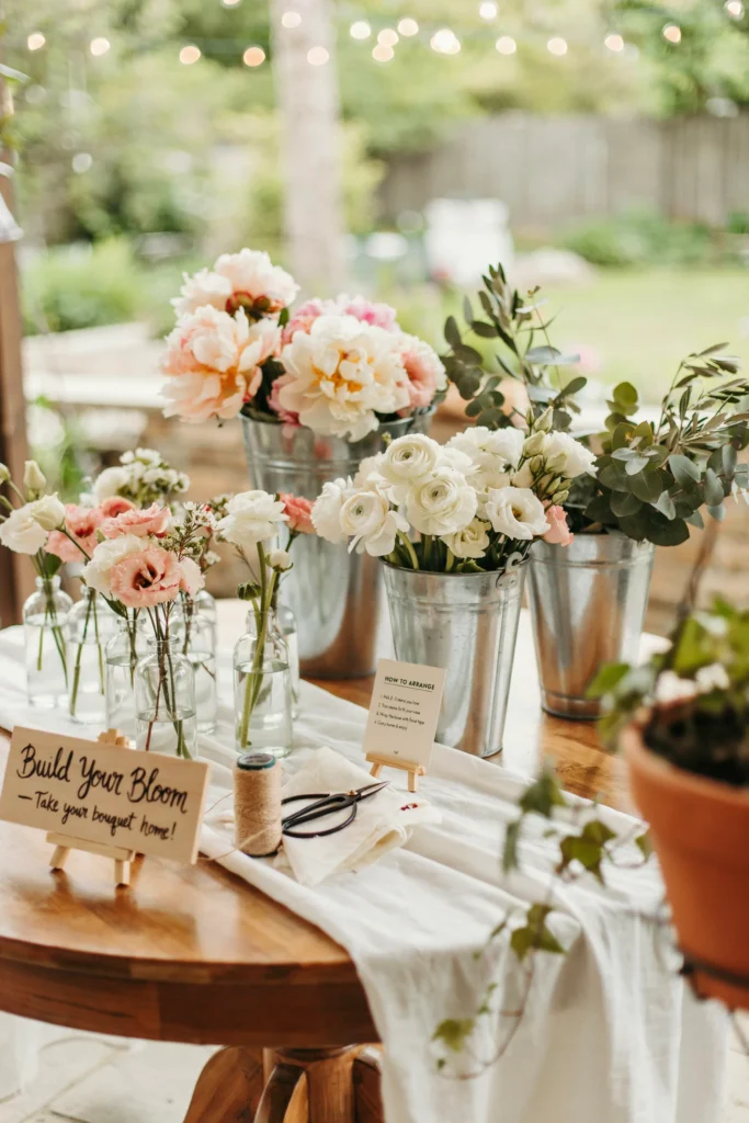 A round table set up as a flower-arranging station — buckets of fresh and faux blooms in blush, white, and greenery sorted by type, small glass vases for each guest, floral tape, scissors, and a printed card with simple arrangement instructions. A sign reads "Build Your Bloom — Take your bouquet home!"