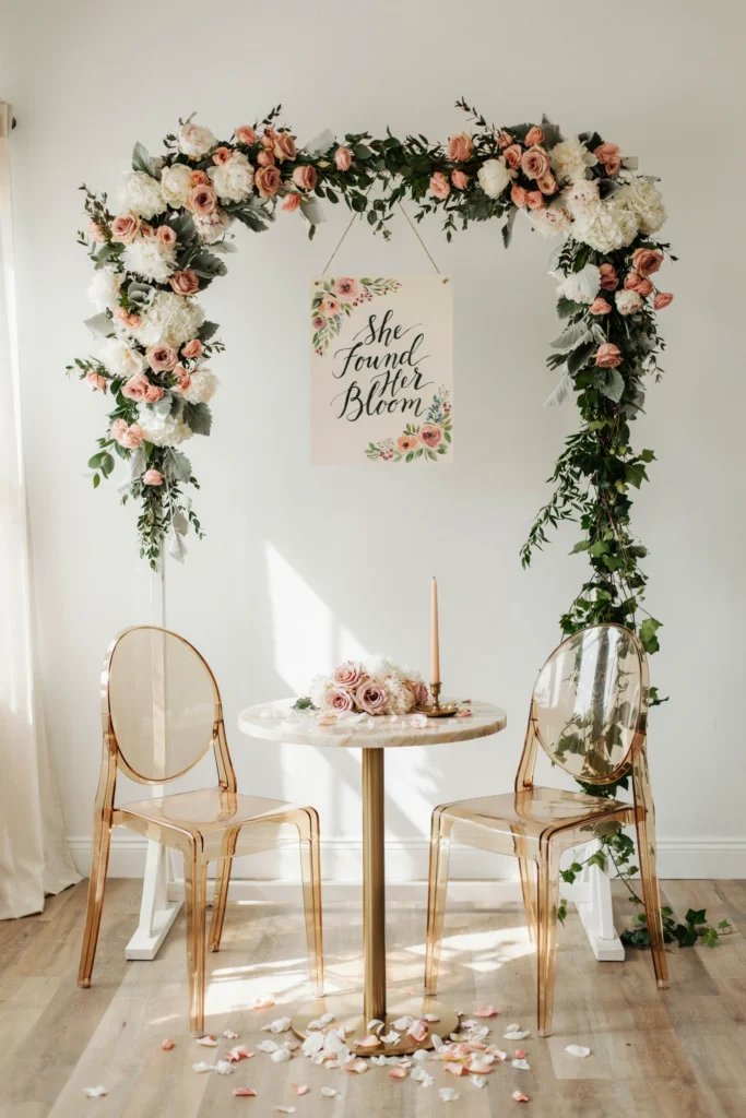 A freestanding arch covered in a mix of fresh and faux florals — white peonies, eucalyptus, blush roses, and trailing greenery — set against a white wall. In front of it, two gold ghost chairs flank a small round table. A simple calligraphy sign hanging from the arch reads "She Found Her Bloom."