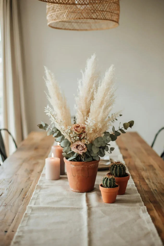 A low terracotta pot centerpiece filled with dried pampas grass, preserved eucalyptus, and blush dried roses, set on a linen table runner alongside mini cactus plants and pillar candles.